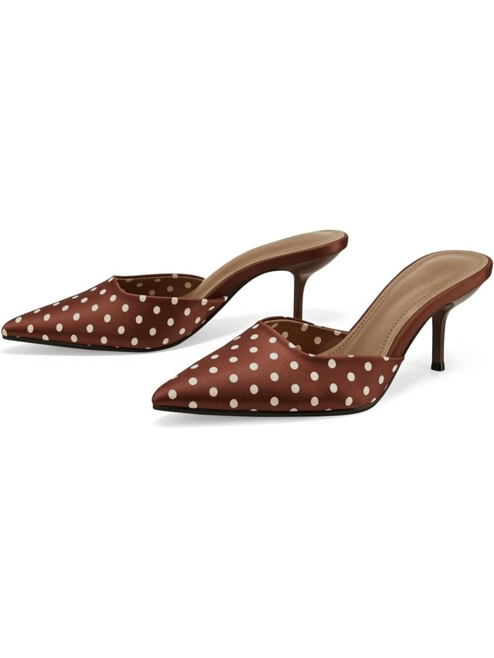 Women's Coffee Polka Dot Pointed Toe Stiletto Satin Heeled Mules Backless Pumps